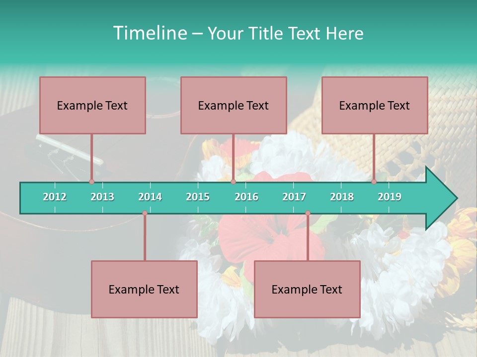 Ukulele And Straw Hat And Lei On Dock Next To Water PowerPoint Template