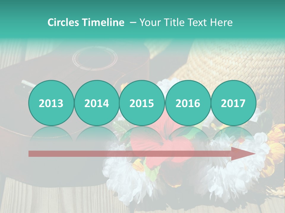 Ukulele And Straw Hat And Lei On Dock Next To Water PowerPoint Template