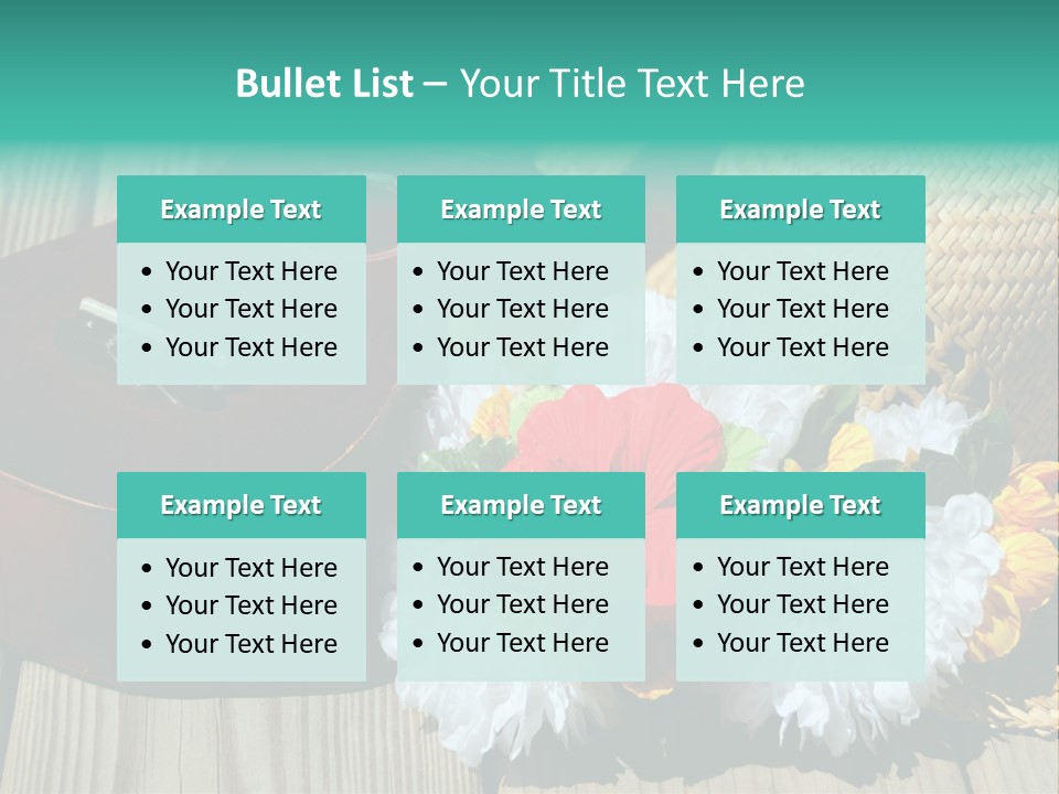 Ukulele And Straw Hat And Lei On Dock Next To Water PowerPoint Template