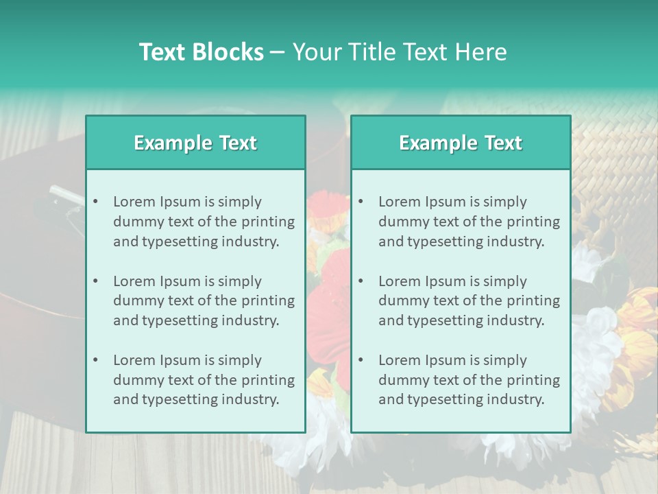 Ukulele And Straw Hat And Lei On Dock Next To Water PowerPoint Template