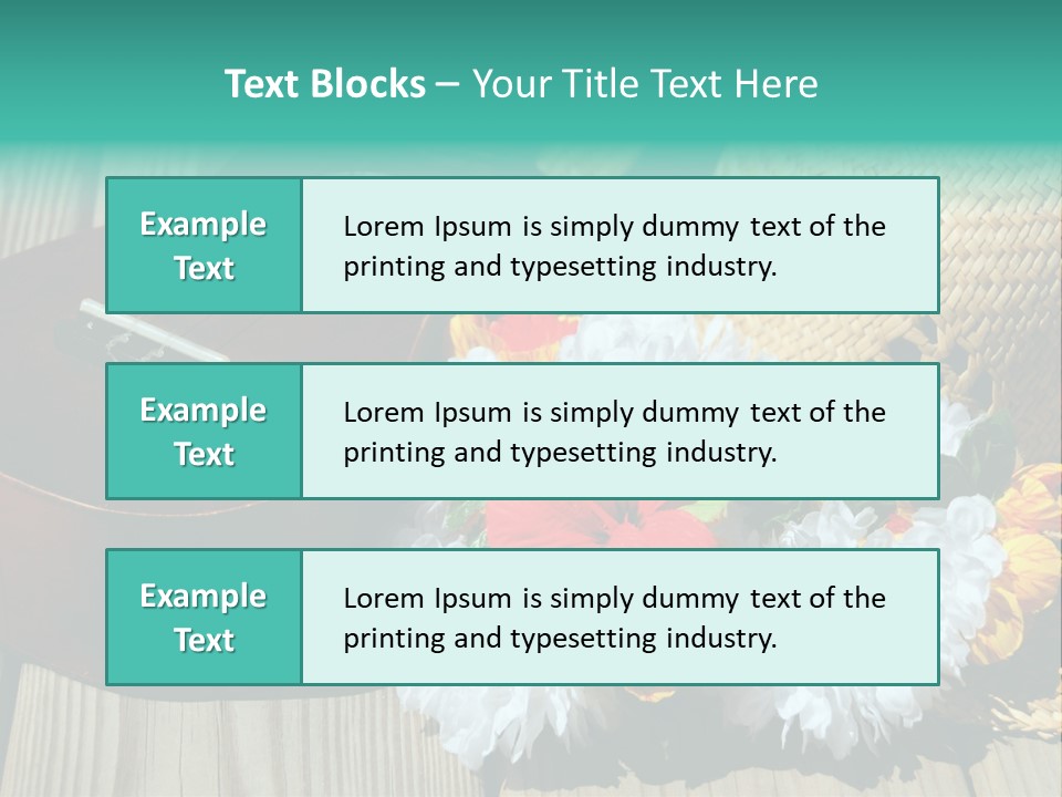 Ukulele And Straw Hat And Lei On Dock Next To Water PowerPoint Template