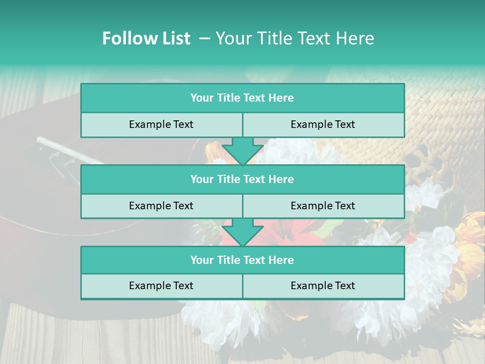 Ukulele And Straw Hat And Lei On Dock Next To Water PowerPoint Template