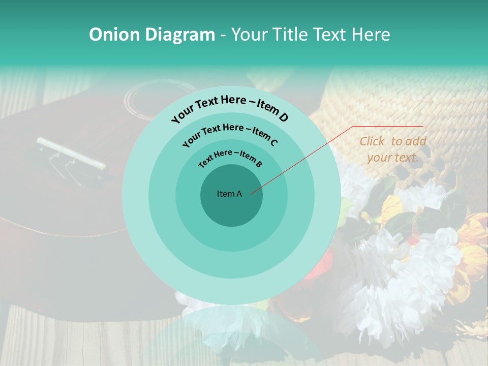 Ukulele And Straw Hat And Lei On Dock Next To Water PowerPoint Template