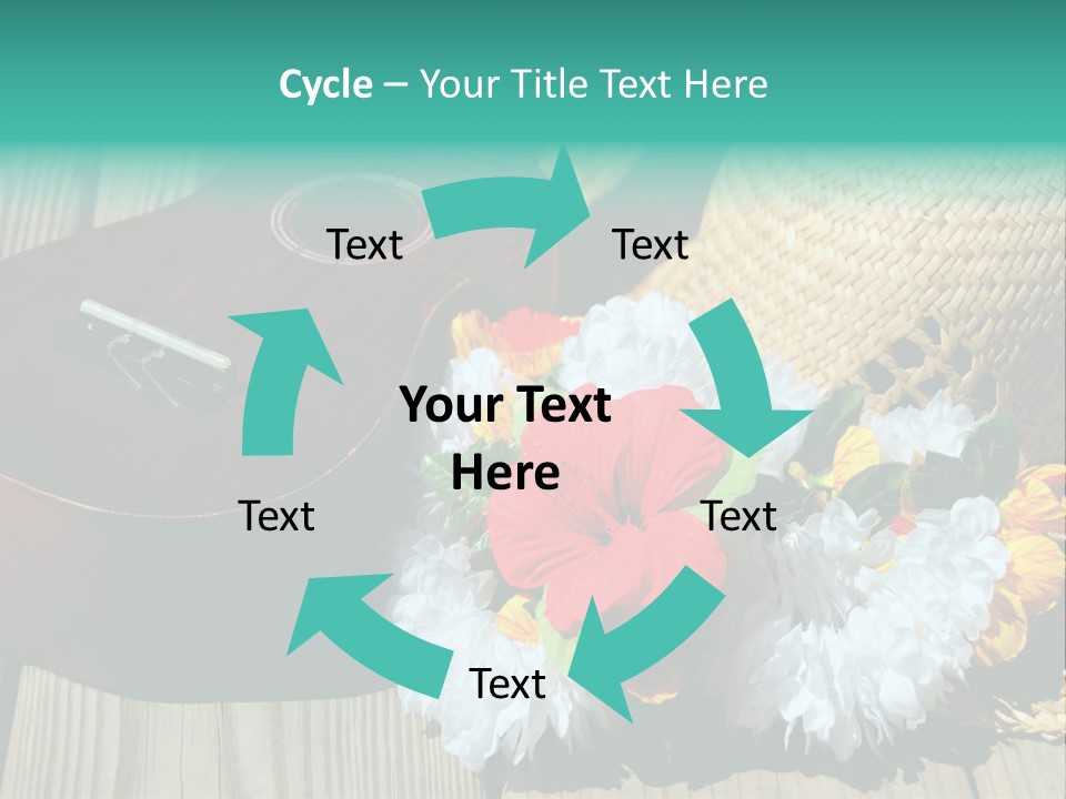 Ukulele And Straw Hat And Lei On Dock Next To Water PowerPoint Template