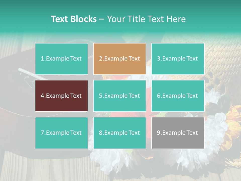 Ukulele And Straw Hat And Lei On Dock Next To Water PowerPoint Template