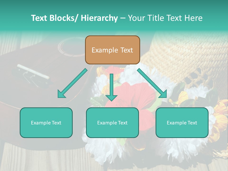 Ukulele And Straw Hat And Lei On Dock Next To Water PowerPoint Template