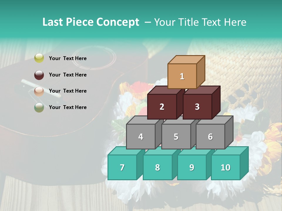 Ukulele And Straw Hat And Lei On Dock Next To Water PowerPoint Template