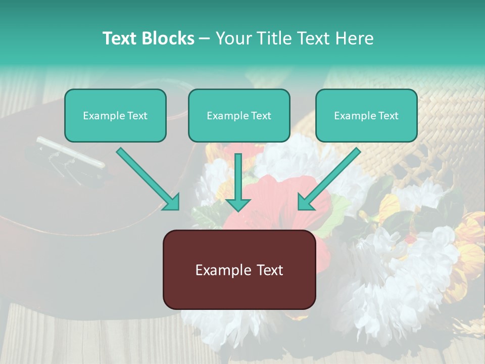 Ukulele And Straw Hat And Lei On Dock Next To Water PowerPoint Template