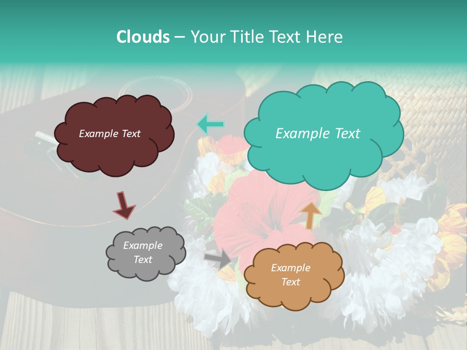 Ukulele And Straw Hat And Lei On Dock Next To Water PowerPoint Template