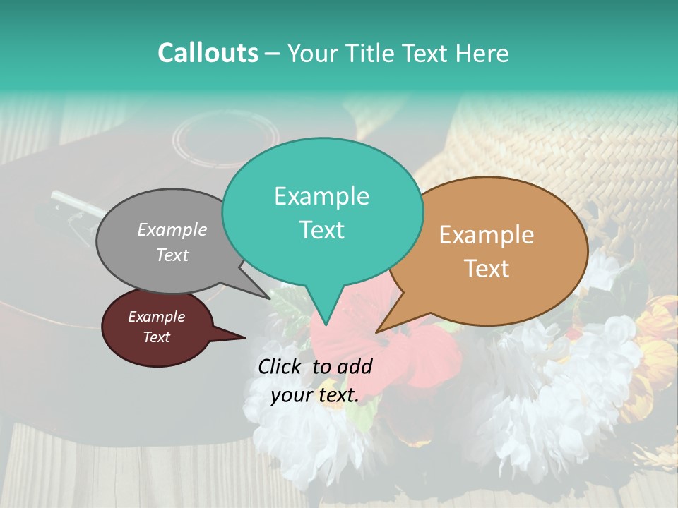 Ukulele And Straw Hat And Lei On Dock Next To Water PowerPoint Template