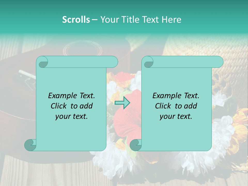 Ukulele And Straw Hat And Lei On Dock Next To Water PowerPoint Template