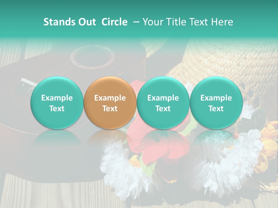 Ukulele And Straw Hat And Lei On Dock Next To Water PowerPoint Template