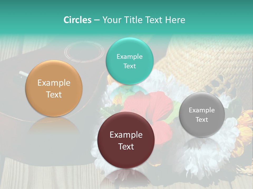 Ukulele And Straw Hat And Lei On Dock Next To Water PowerPoint Template