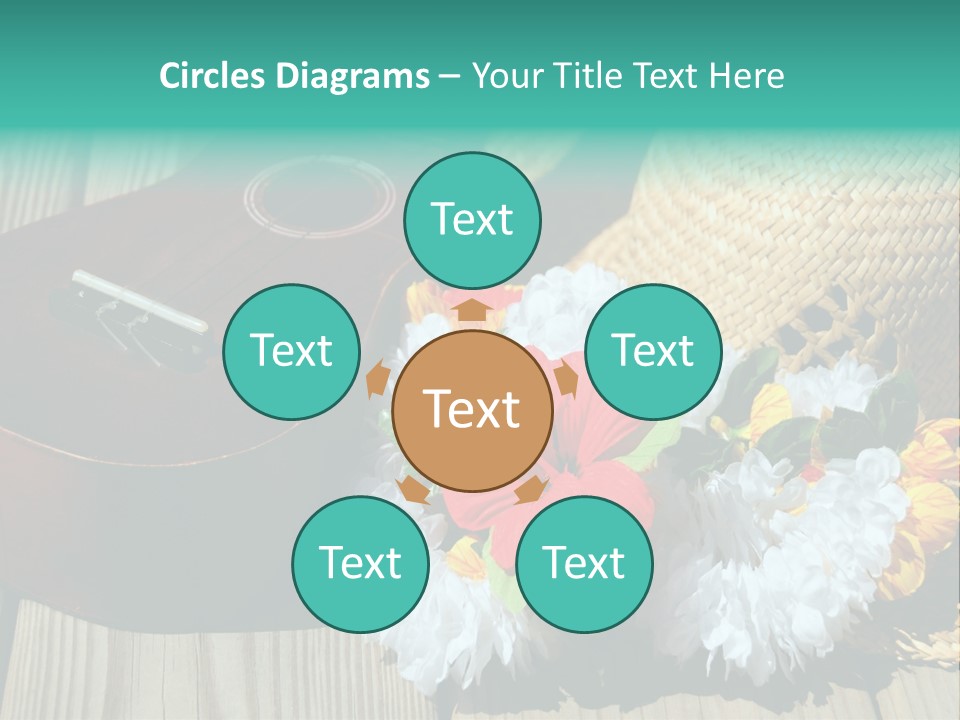 Ukulele And Straw Hat And Lei On Dock Next To Water PowerPoint Template