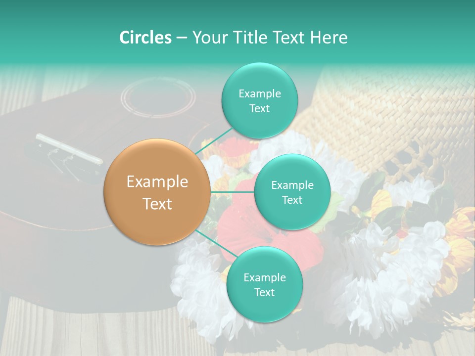 Ukulele And Straw Hat And Lei On Dock Next To Water PowerPoint Template