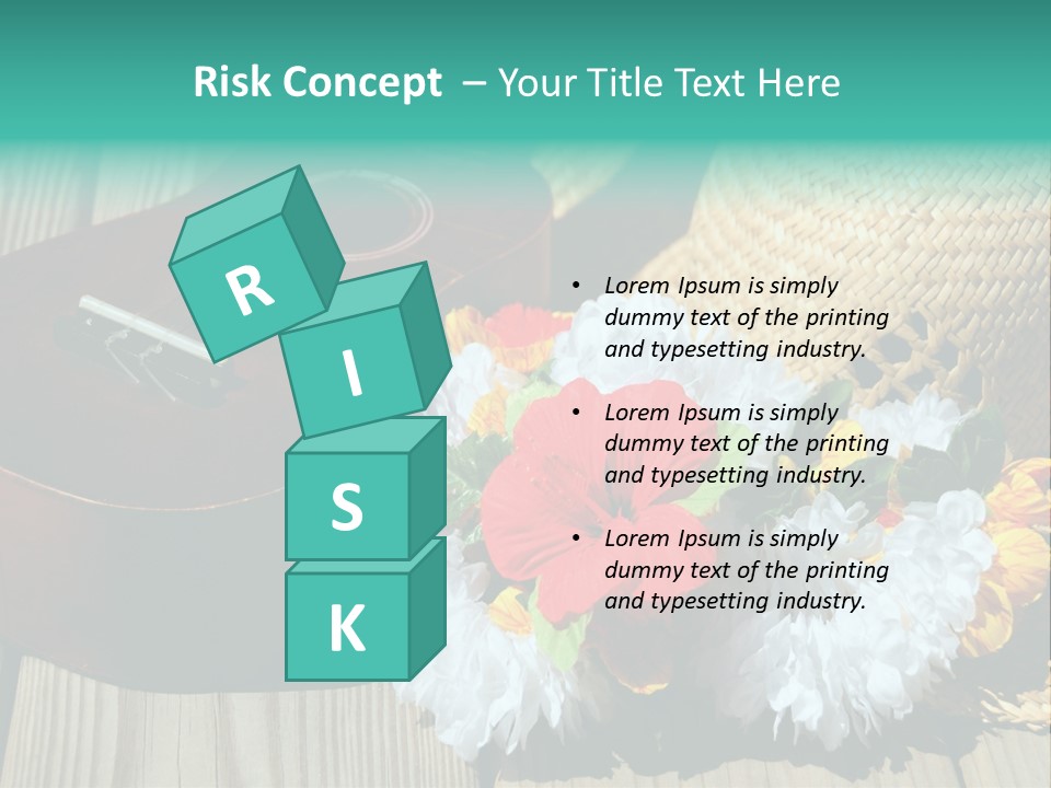 Ukulele And Straw Hat And Lei On Dock Next To Water PowerPoint Template