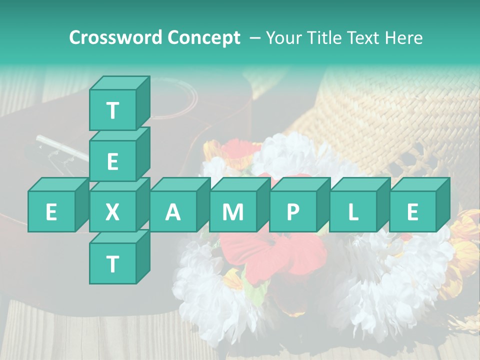 Ukulele And Straw Hat And Lei On Dock Next To Water PowerPoint Template