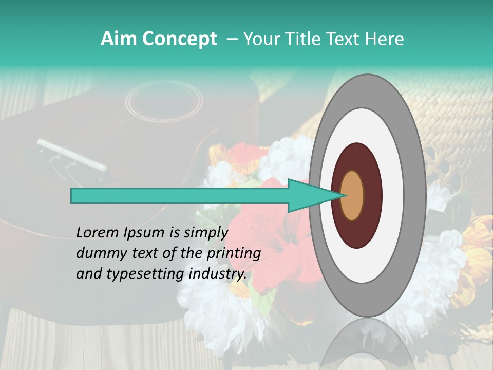 Ukulele And Straw Hat And Lei On Dock Next To Water PowerPoint Template