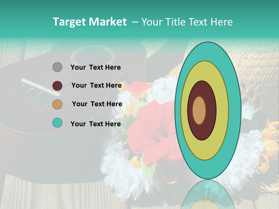 Ukulele And Straw Hat And Lei On Dock Next To Water PowerPoint Template