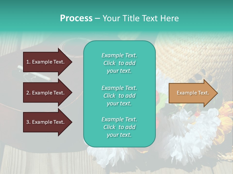 Ukulele And Straw Hat And Lei On Dock Next To Water PowerPoint Template