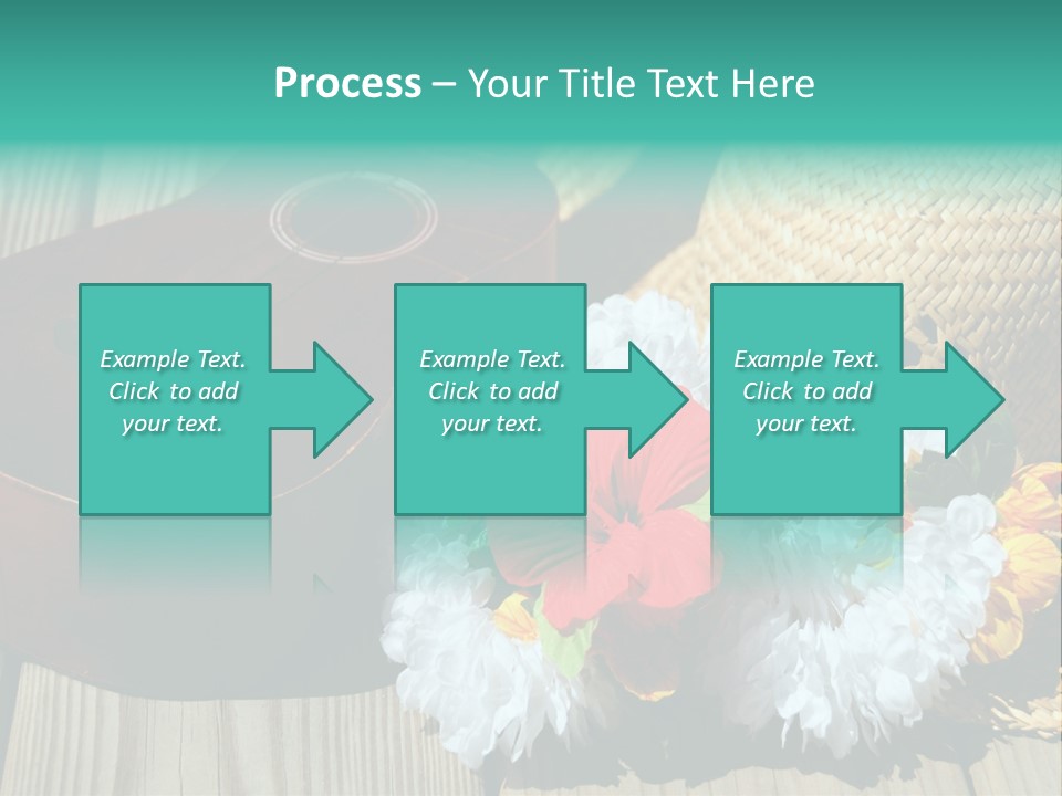 Ukulele And Straw Hat And Lei On Dock Next To Water PowerPoint Template