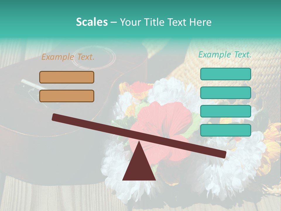 Ukulele And Straw Hat And Lei On Dock Next To Water PowerPoint Template