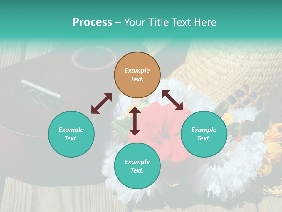 Ukulele And Straw Hat And Lei On Dock Next To Water PowerPoint Template