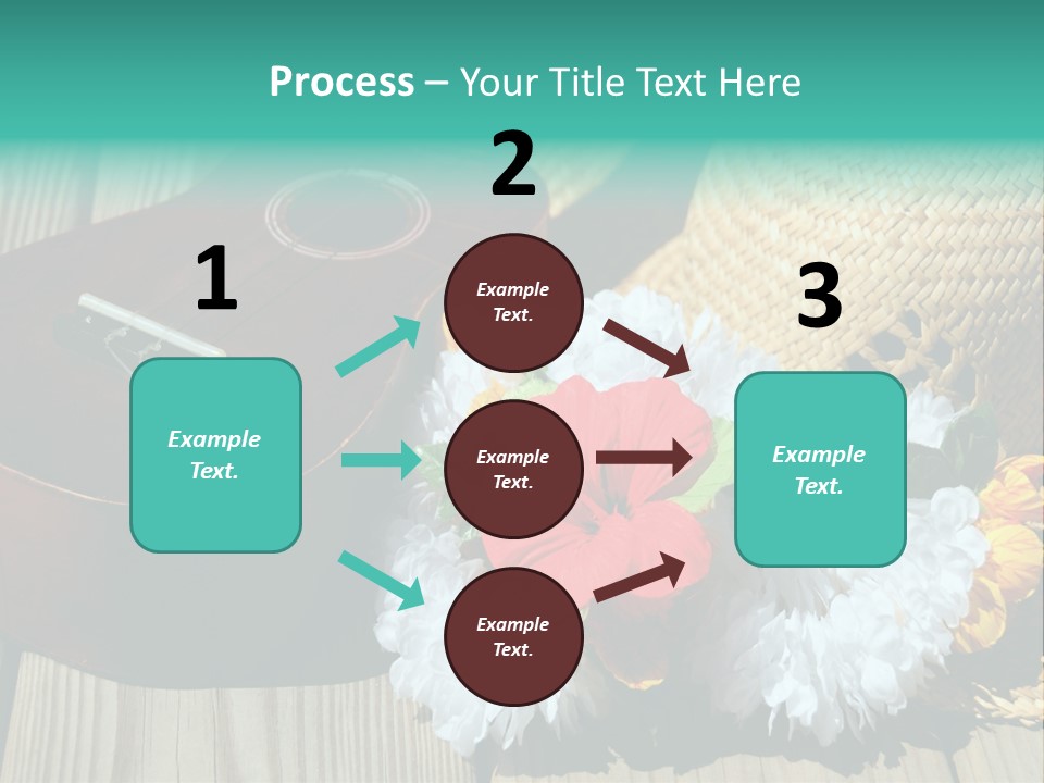 Ukulele And Straw Hat And Lei On Dock Next To Water PowerPoint Template