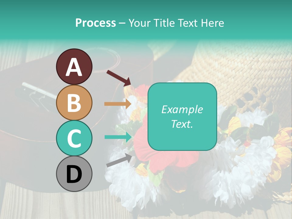 Ukulele And Straw Hat And Lei On Dock Next To Water PowerPoint Template