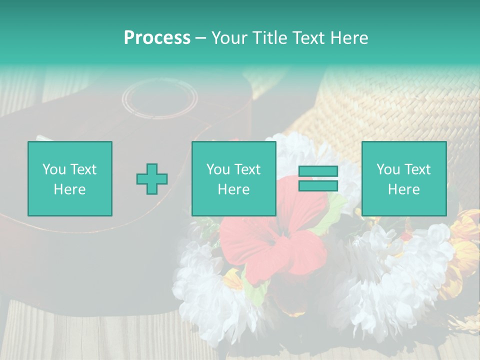 Ukulele And Straw Hat And Lei On Dock Next To Water PowerPoint Template