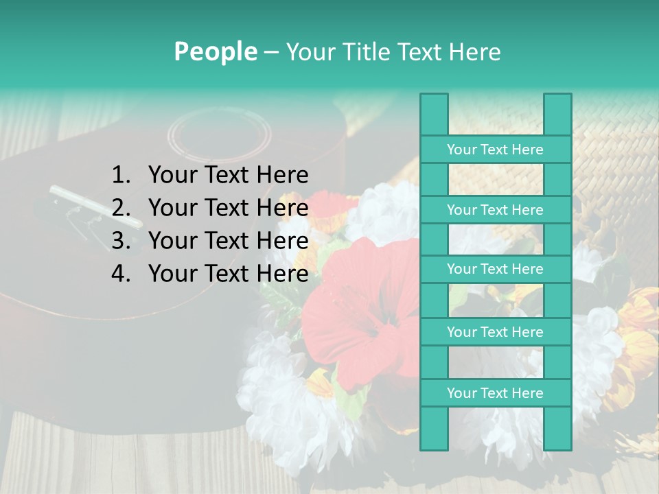 Ukulele And Straw Hat And Lei On Dock Next To Water PowerPoint Template