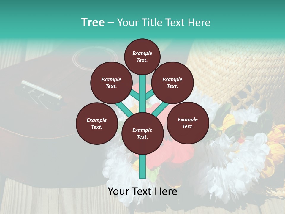 Ukulele And Straw Hat And Lei On Dock Next To Water PowerPoint Template