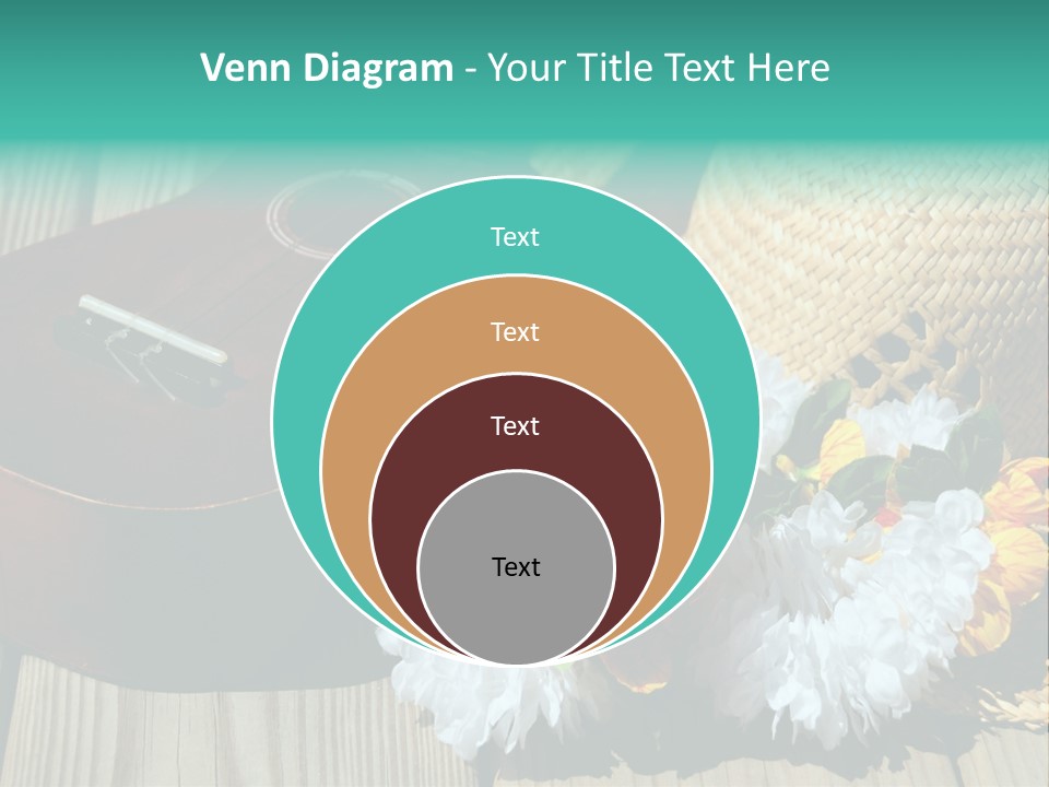 Ukulele And Straw Hat And Lei On Dock Next To Water PowerPoint Template