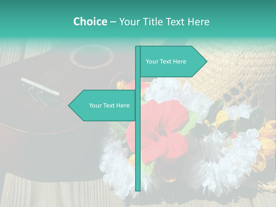 Ukulele And Straw Hat And Lei On Dock Next To Water PowerPoint Template