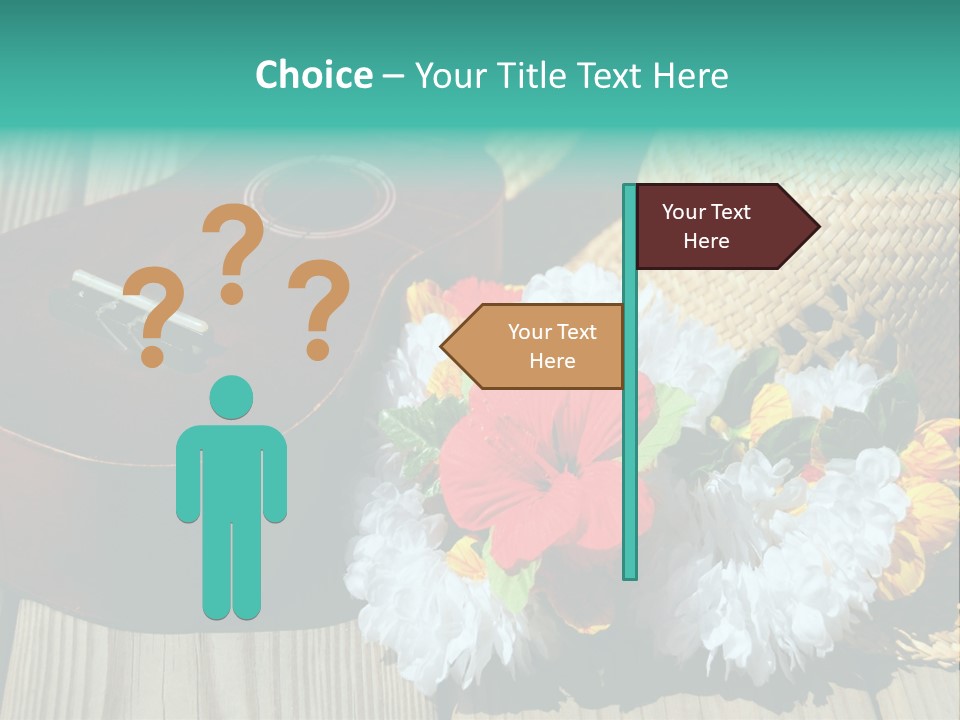 Ukulele And Straw Hat And Lei On Dock Next To Water PowerPoint Template