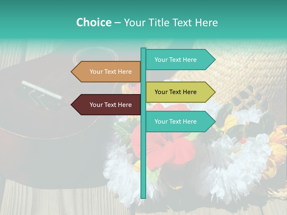 Ukulele And Straw Hat And Lei On Dock Next To Water PowerPoint Template