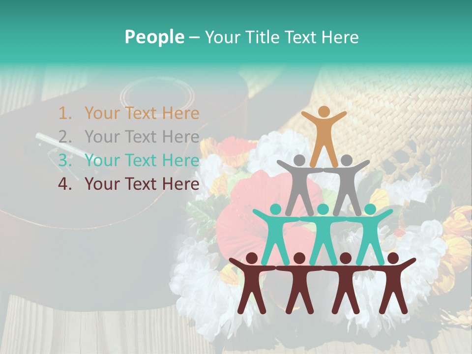 Ukulele And Straw Hat And Lei On Dock Next To Water PowerPoint Template