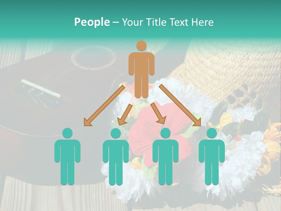 Ukulele And Straw Hat And Lei On Dock Next To Water PowerPoint Template