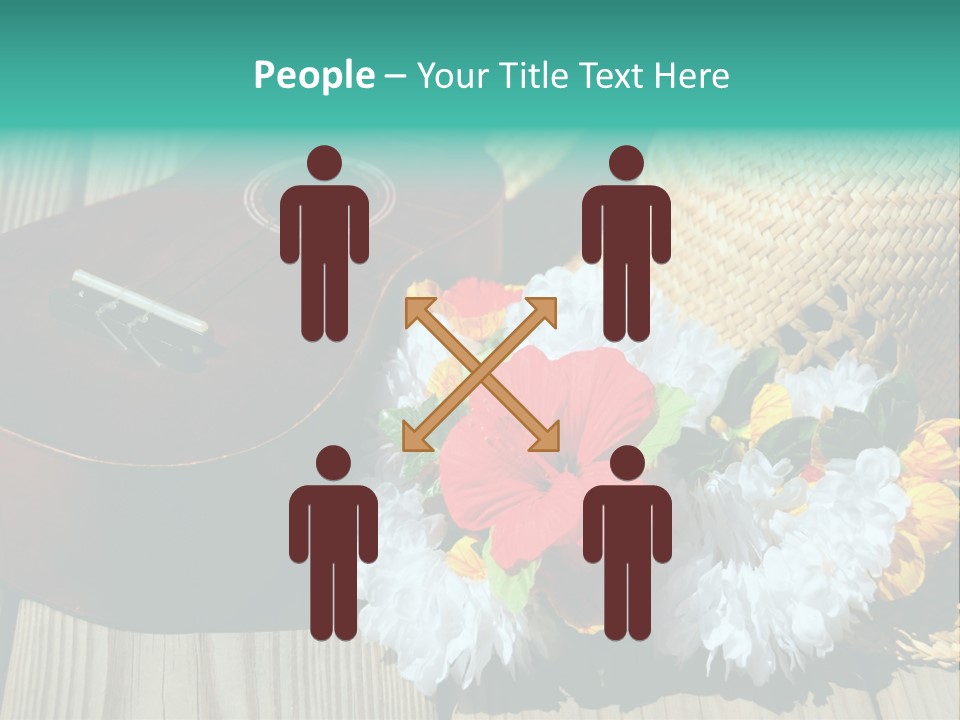 Ukulele And Straw Hat And Lei On Dock Next To Water PowerPoint Template