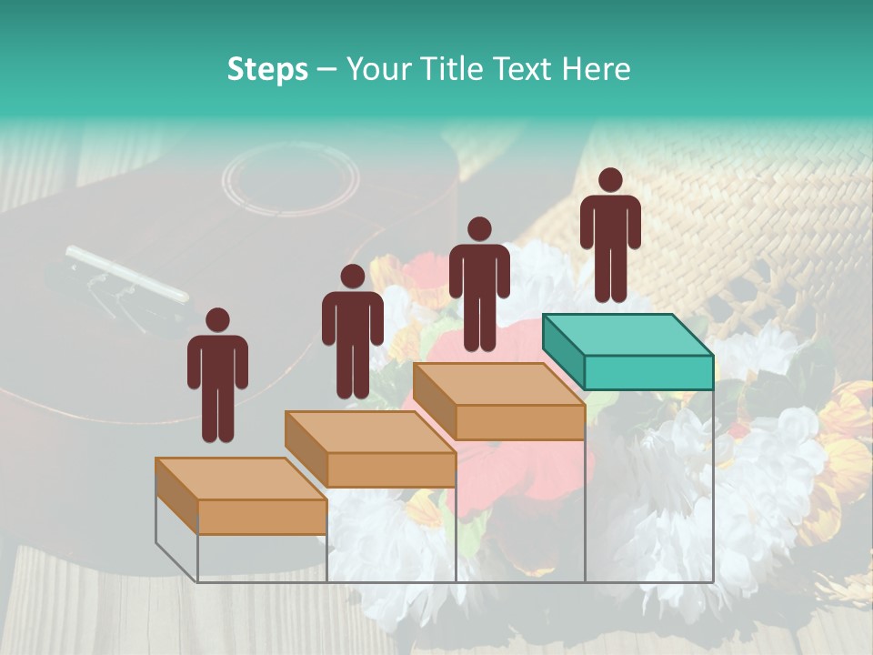 Ukulele And Straw Hat And Lei On Dock Next To Water PowerPoint Template