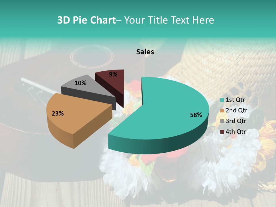 Ukulele And Straw Hat And Lei On Dock Next To Water PowerPoint Template