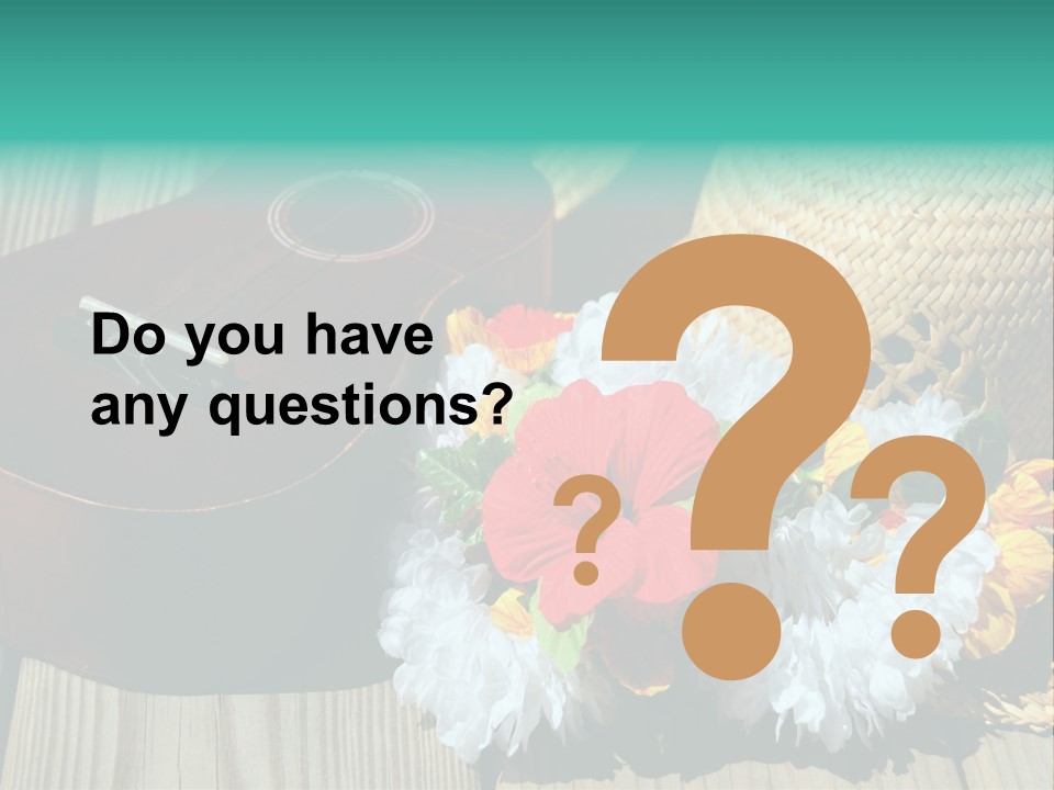 Ukulele And Straw Hat And Lei On Dock Next To Water PowerPoint Template