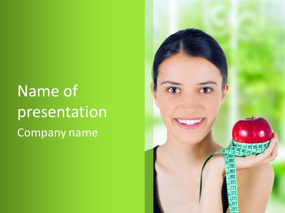 Young Woman Holding Red Apple And Measuring Tape PowerPoint Template