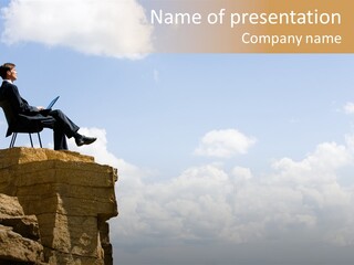 Image Of Pensive Businessman Sitting On The Top Of Mountain With Laptop And Looking At The Sky PowerPoint Template