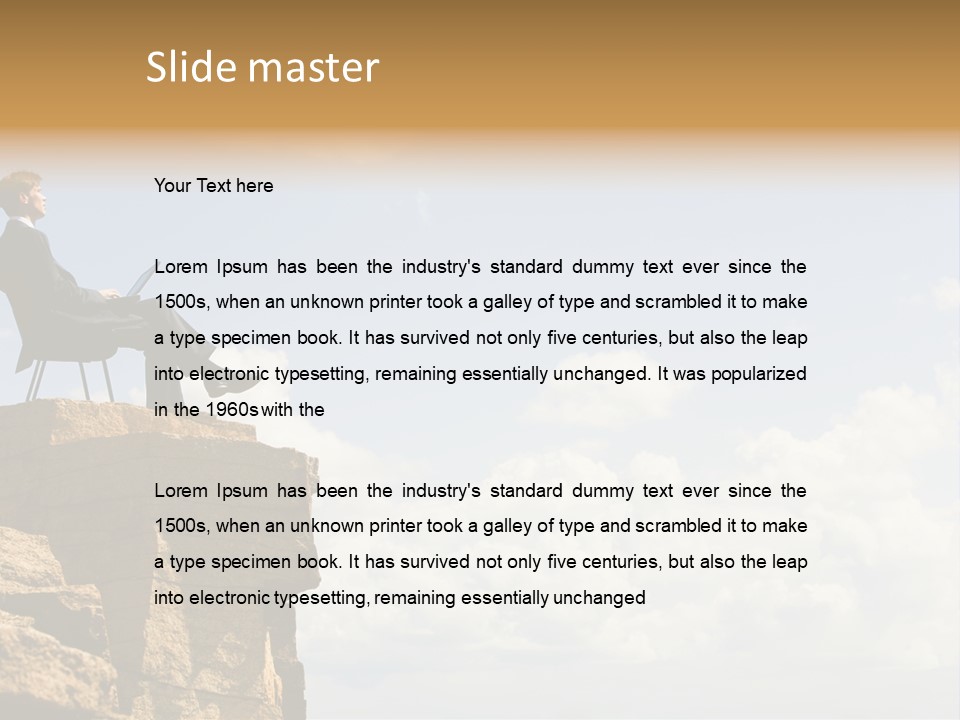 Image Of Pensive Businessman Sitting On The Top Of Mountain With Laptop And Looking At The Sky PowerPoint Template