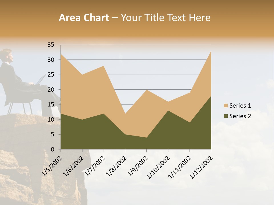 Image Of Pensive Businessman Sitting On The Top Of Mountain With Laptop And Looking At The Sky PowerPoint Template