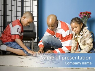 Father And Children Playing With A Jigsaw Puzzle PowerPoint Template