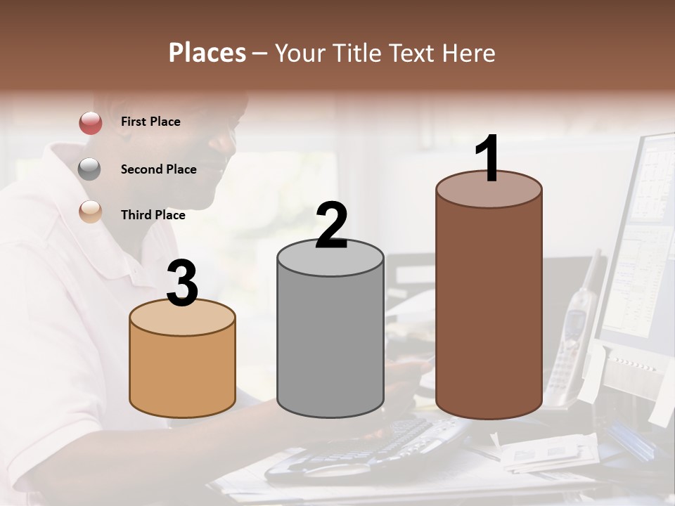 Man In Home Office Using Computer Holding Credit Card And Smiling PowerPoint Template