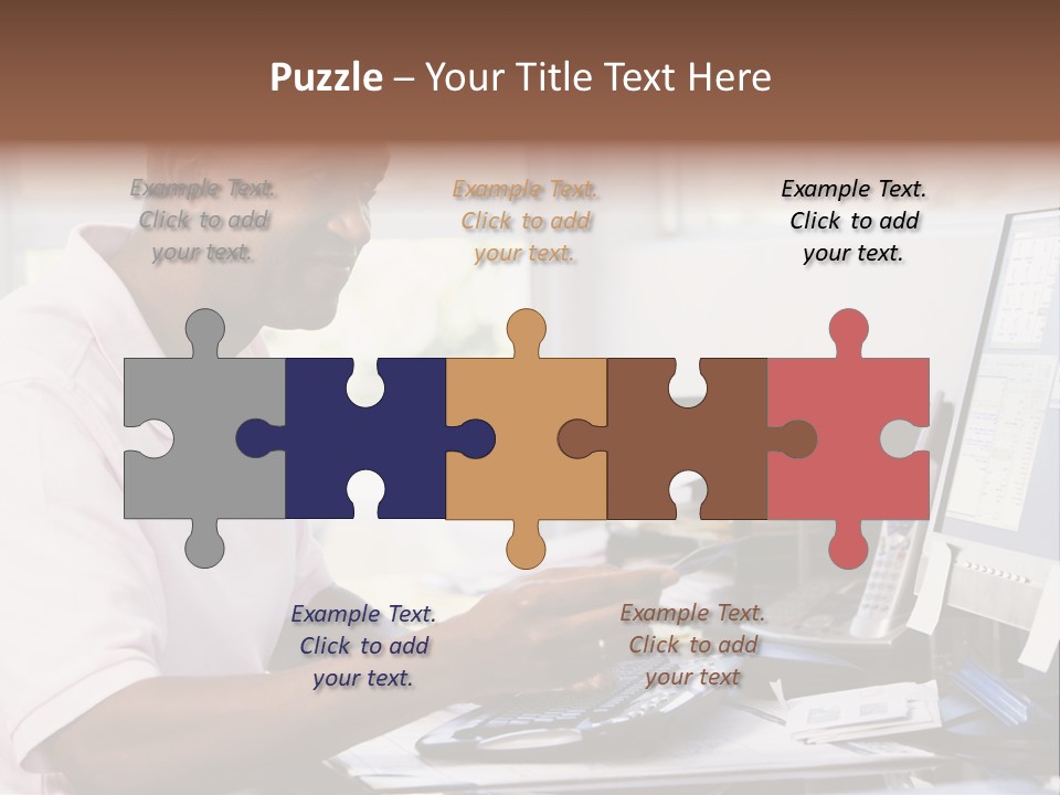 Man In Home Office Using Computer Holding Credit Card And Smiling PowerPoint Template