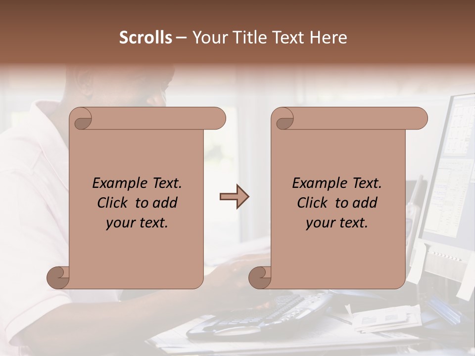 Man In Home Office Using Computer Holding Credit Card And Smiling PowerPoint Template